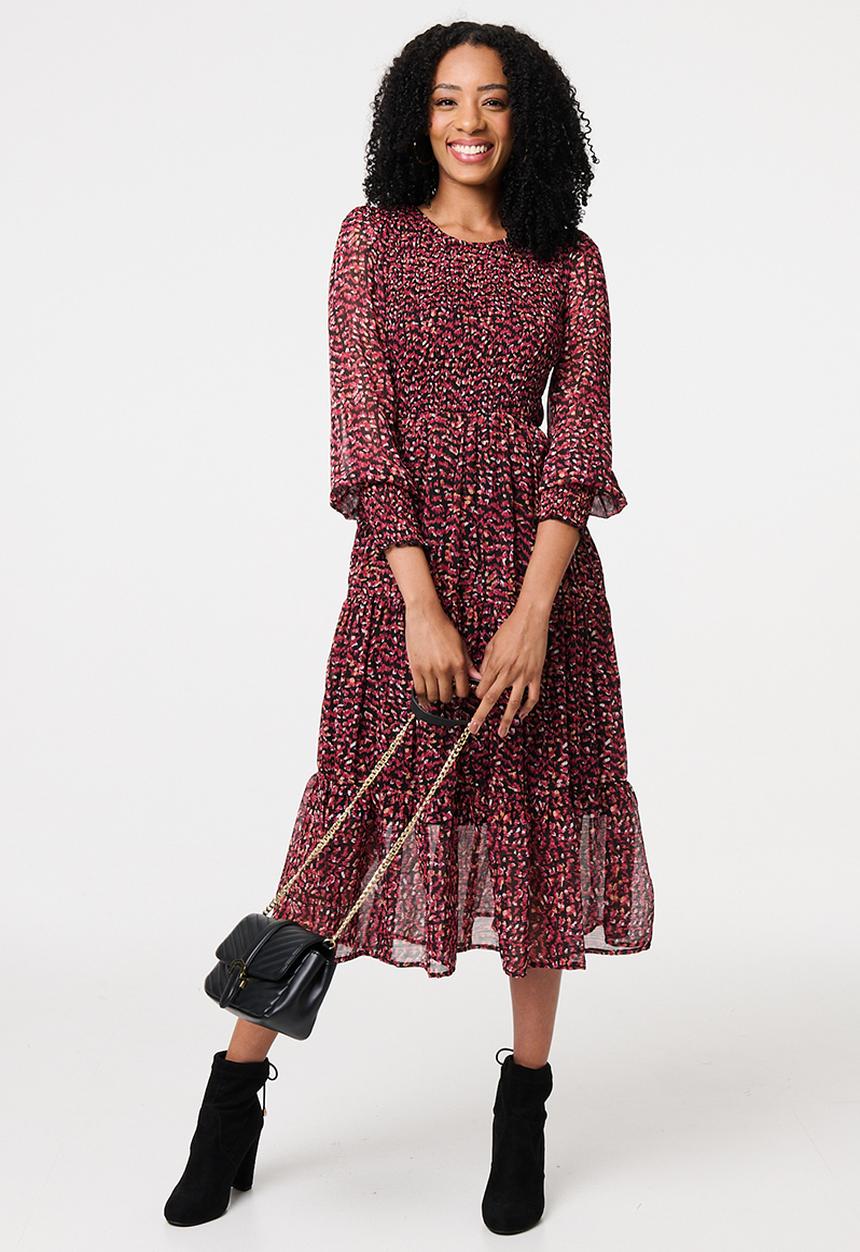 Stella Morgan - Ditsy Floral Tiered Puff Sleeve Midi Dress - Rust