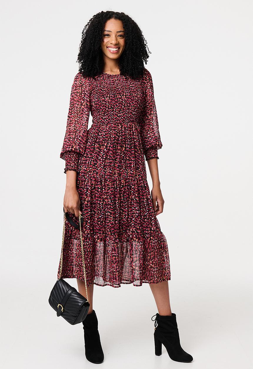 Stella Morgan - Ditsy Floral Tiered Puff Sleeve Midi Dress - Rust