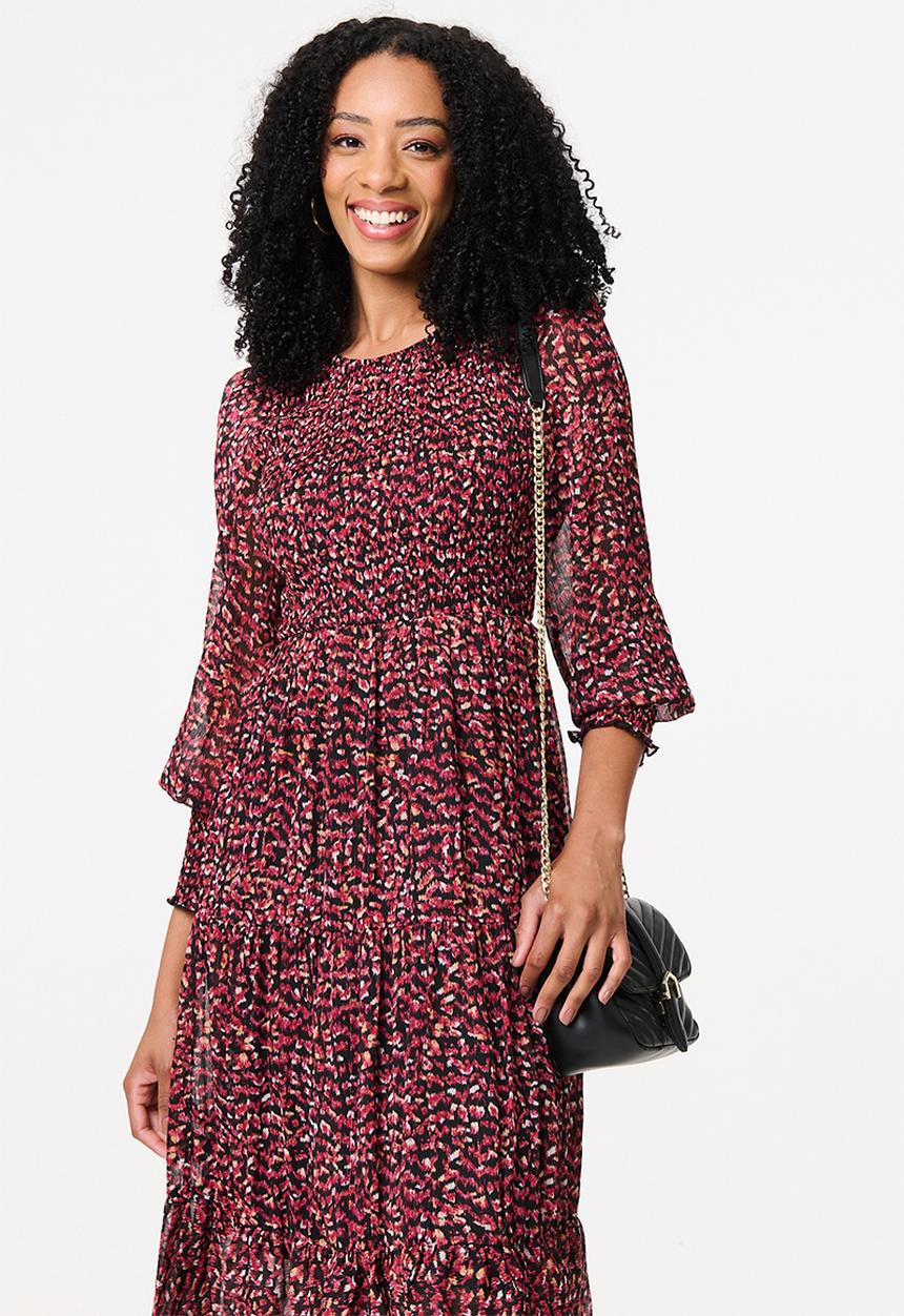 Stella Morgan - Ditsy Floral Tiered Puff Sleeve Midi Dress - Rust