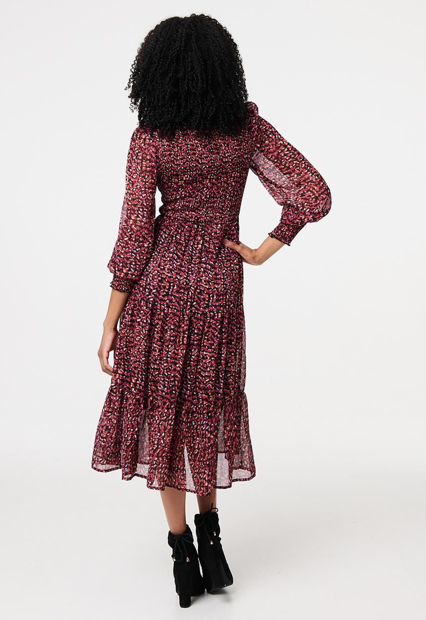 Stella Morgan - Ditsy Floral Tiered Puff Sleeve Midi Dress - Rust