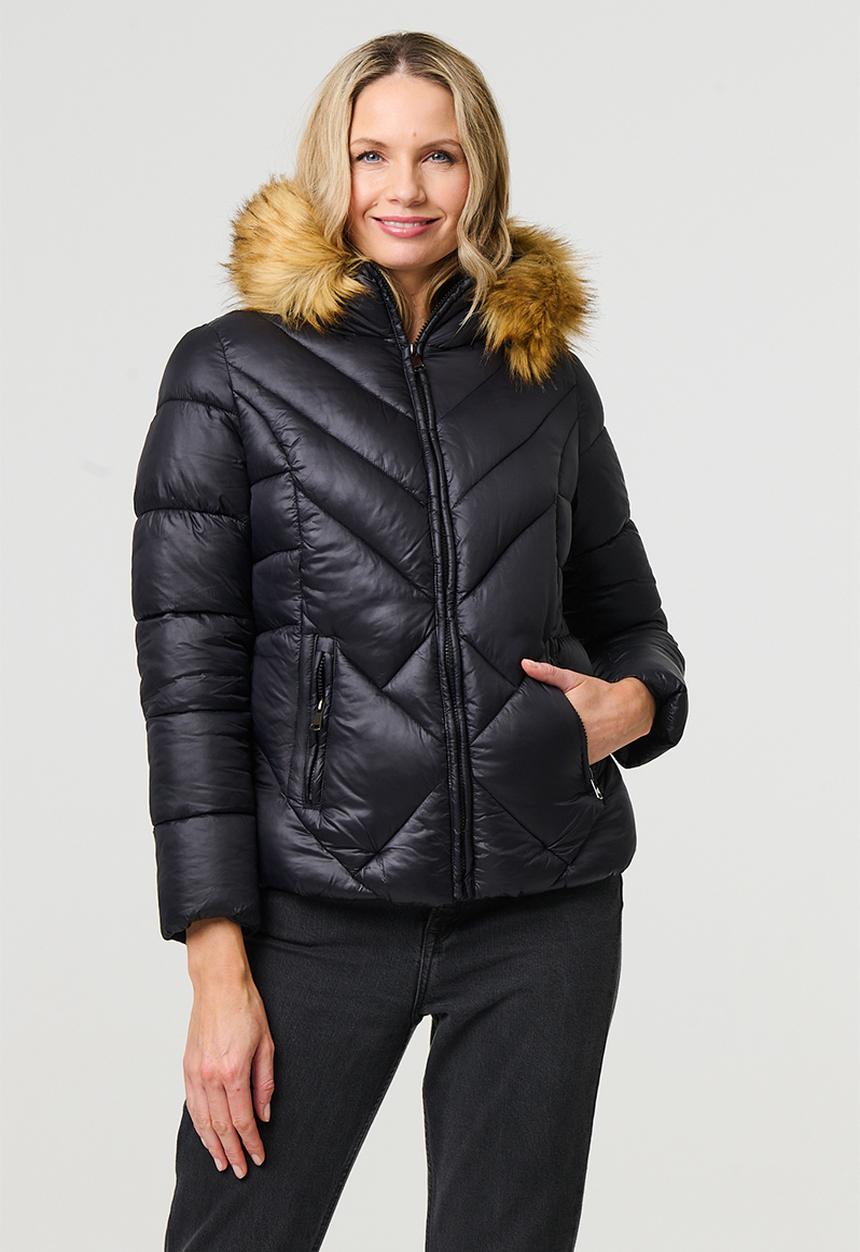 Stella Morgan - Chevron puffer jacket with faux fur hood - black