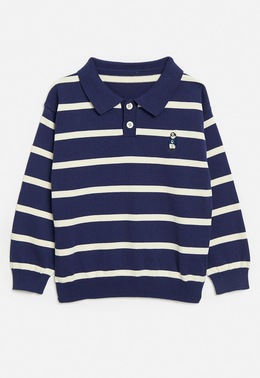 Pop Candy - Striped collared jersey - navy blue & ecru