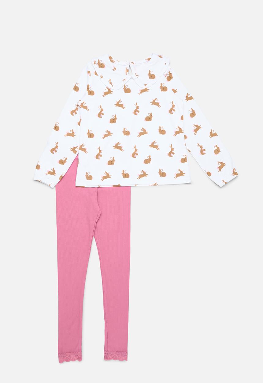 Pop Candy - Bunny Peter pan shirt & legging set - pink & white