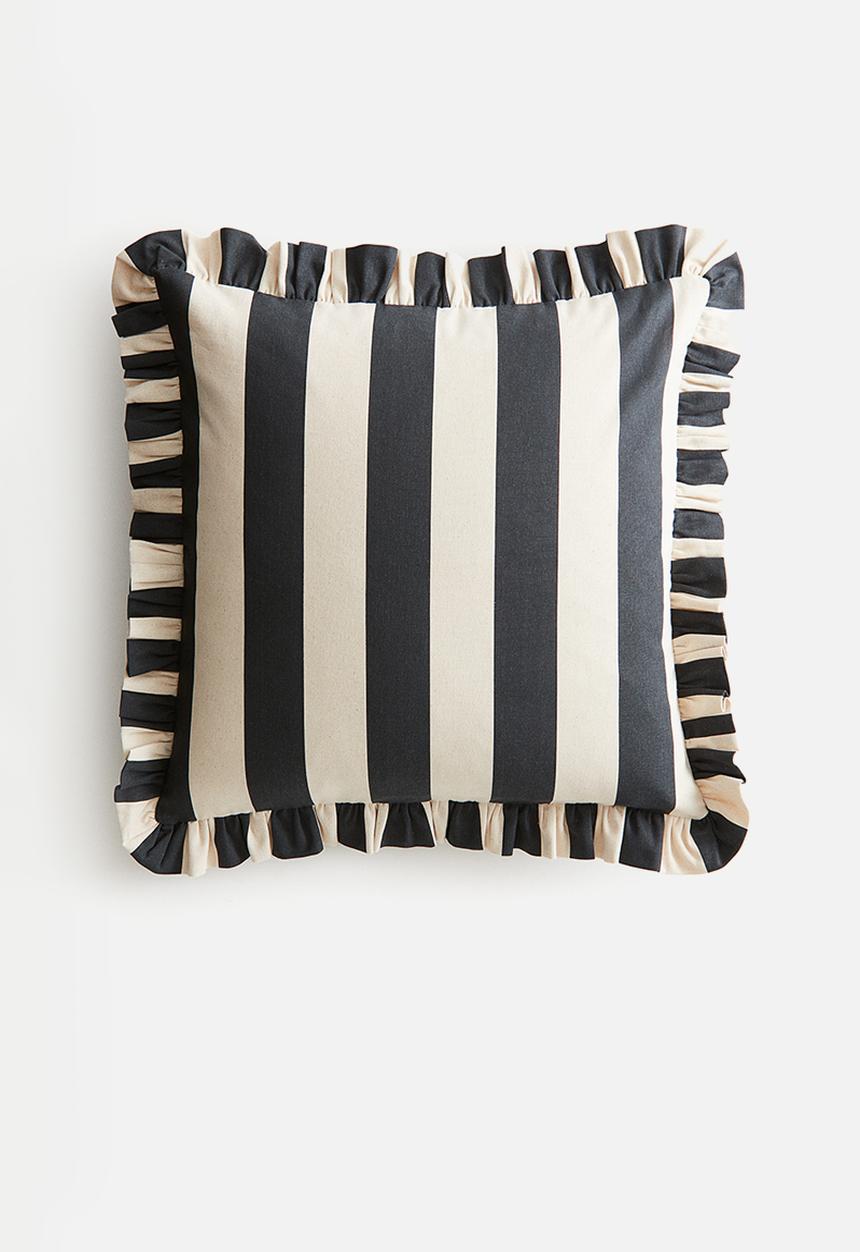 H&M - Frill-trimmed cushion cover -  black/striped