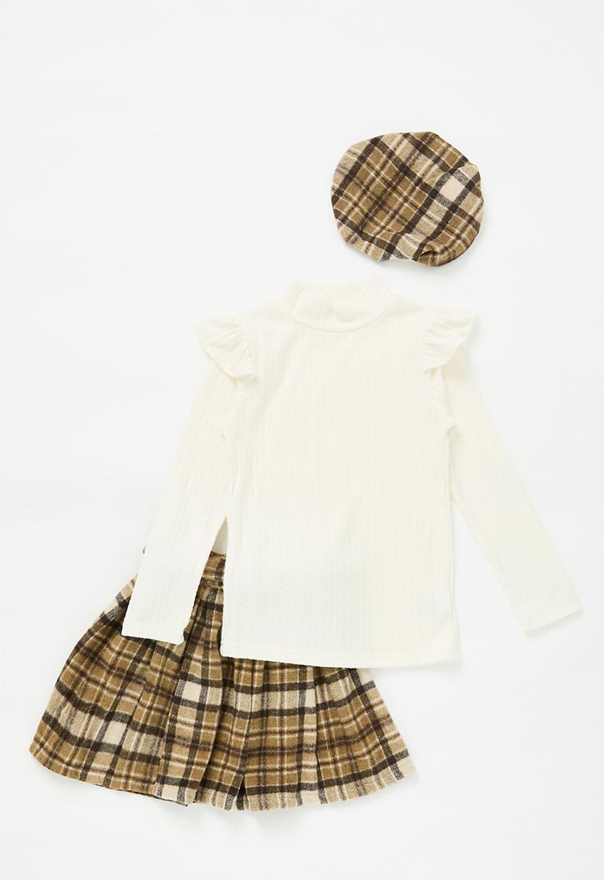 Pop Candy - Frilled sleeve combo dress-ecru & brown