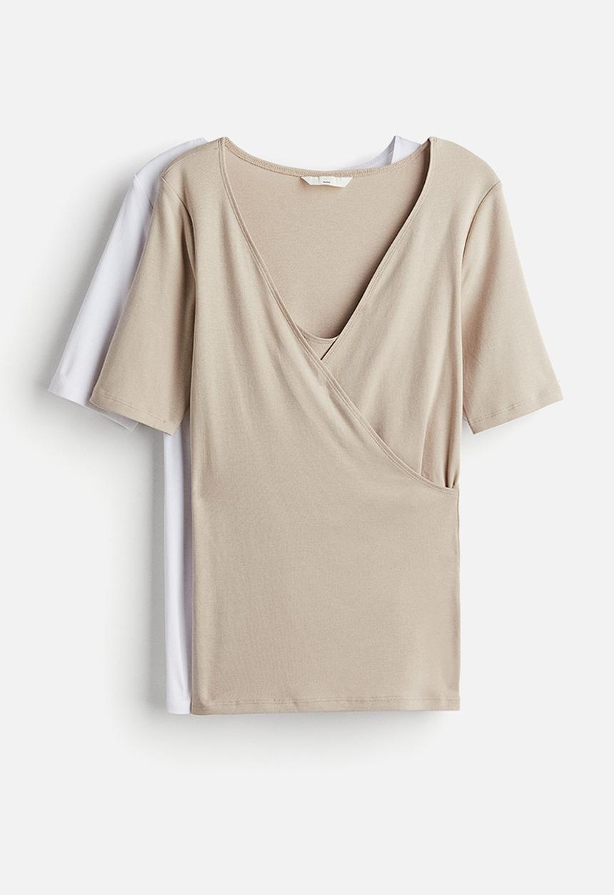 H&M - Mama 2-pack cotton nursing tops - beige & white