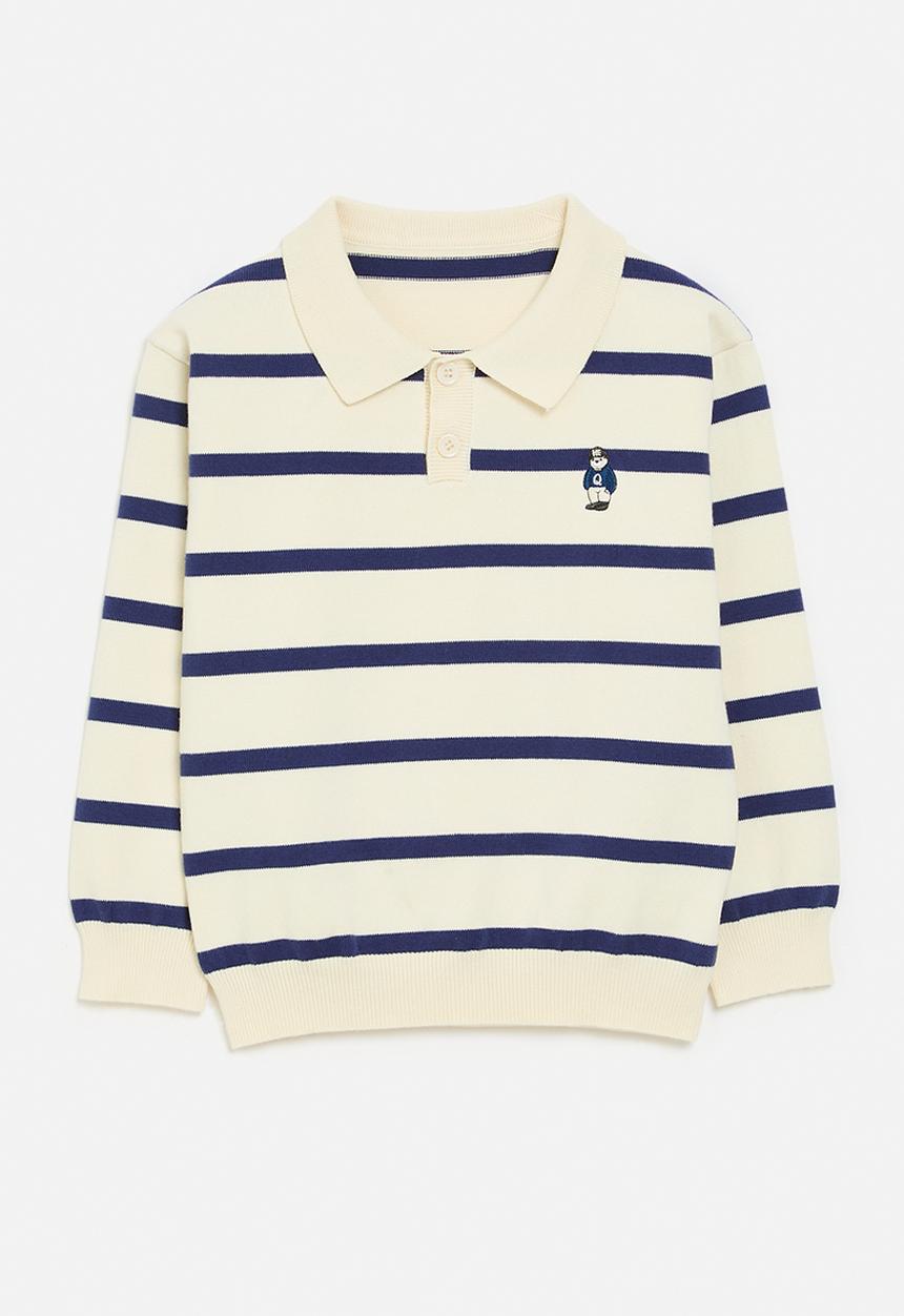 Pop Candy - Striped collared jersey - ecru & blue