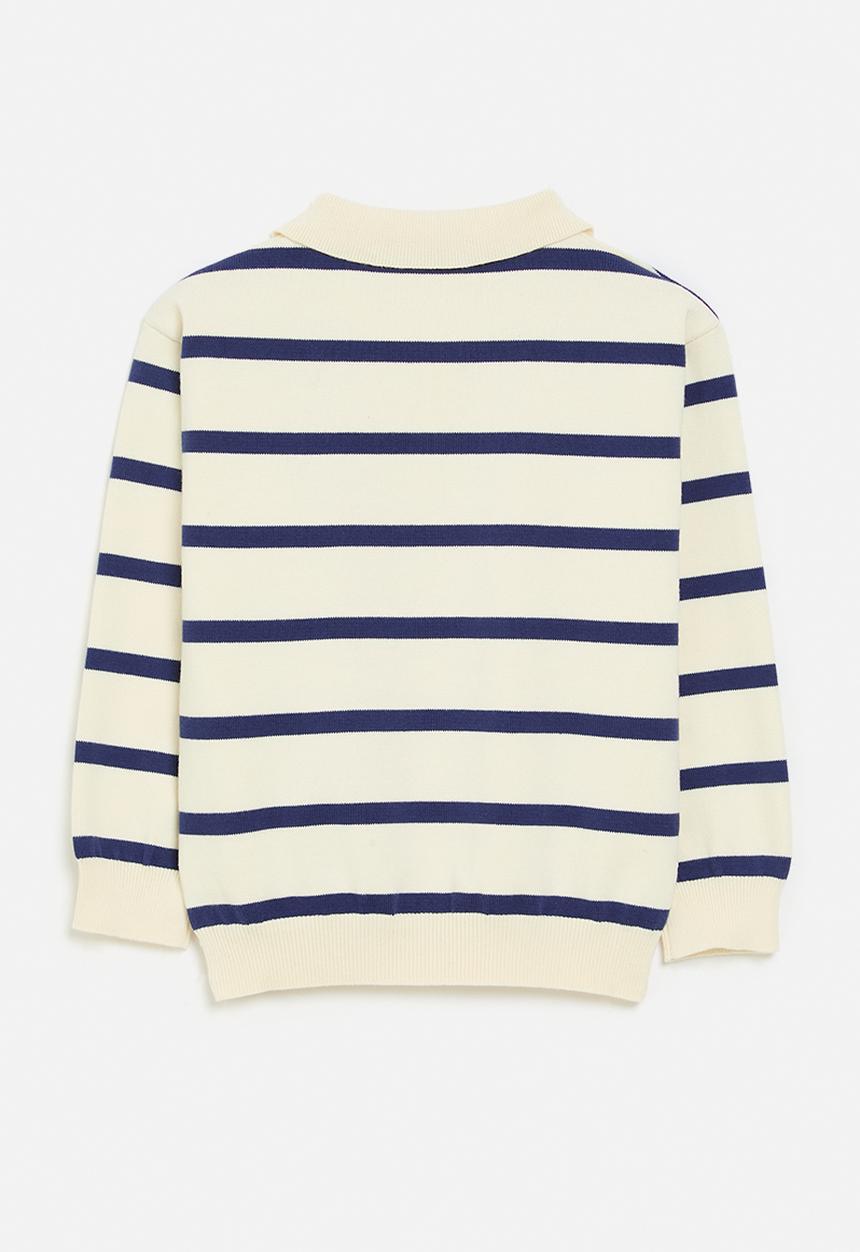 Pop Candy - Striped collared jersey - ecru & blue