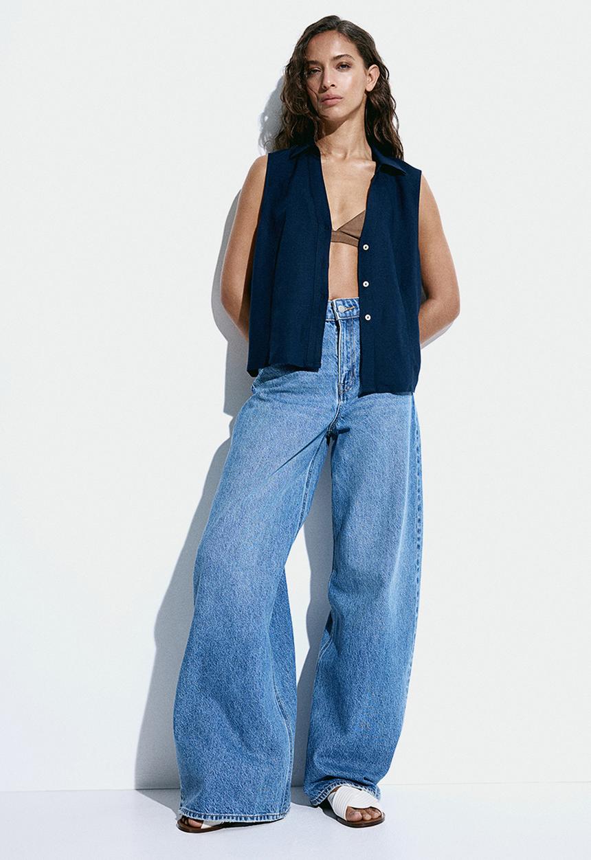H&M - Sleeveless linen-blend shirt - navy blue