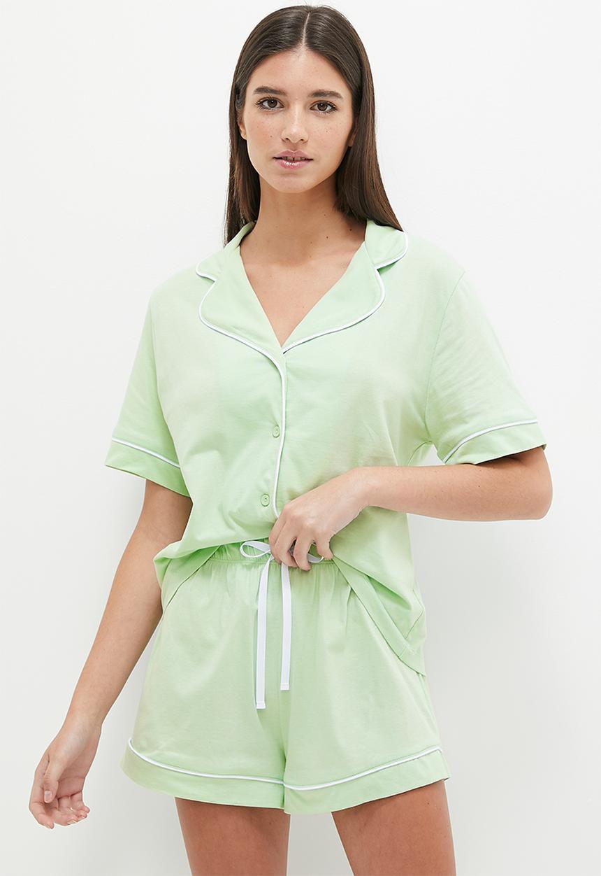 Blake - Knit button down sleep set - sage/white pipping