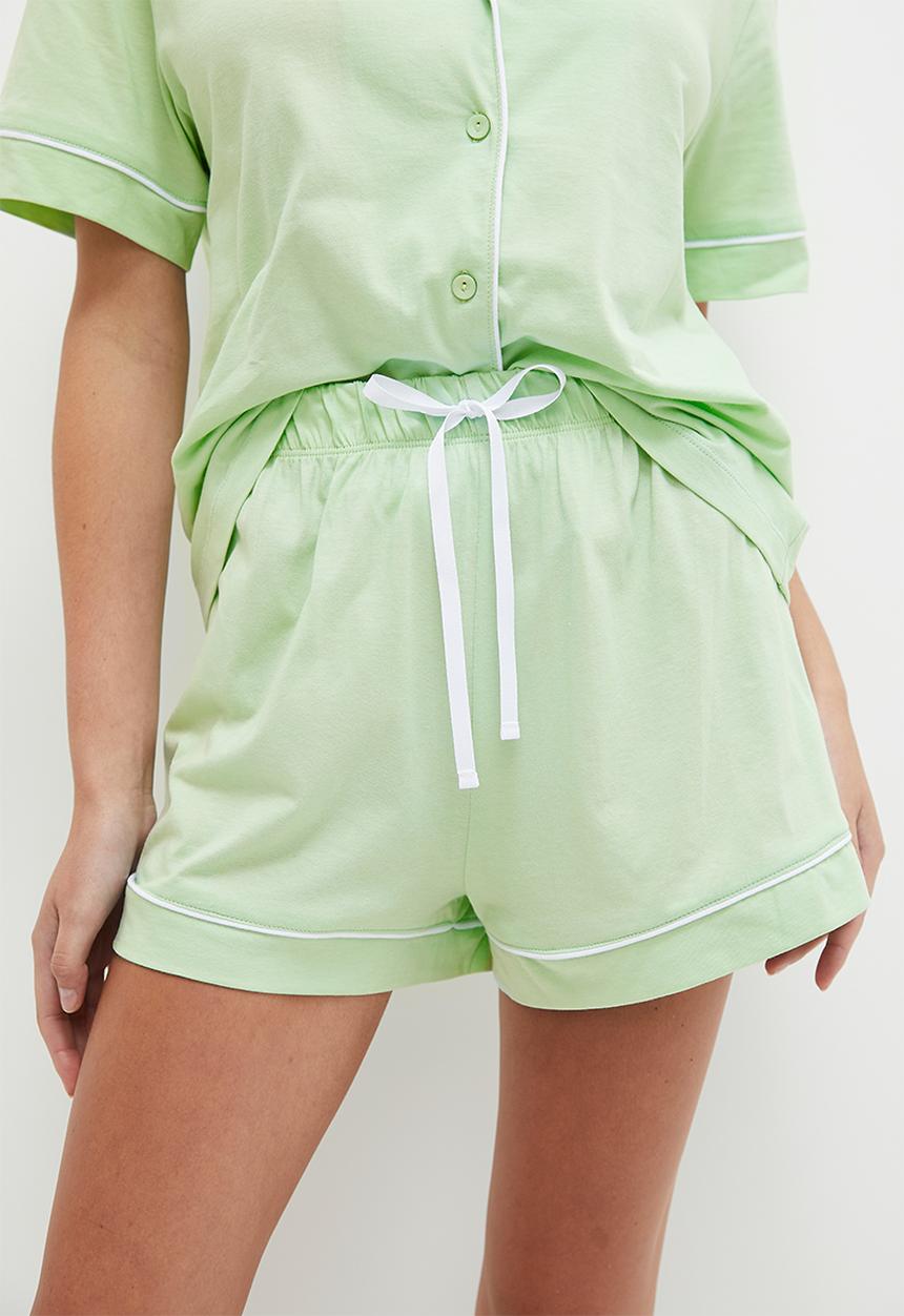 Blake - Knit button down sleep set - sage/white pipping