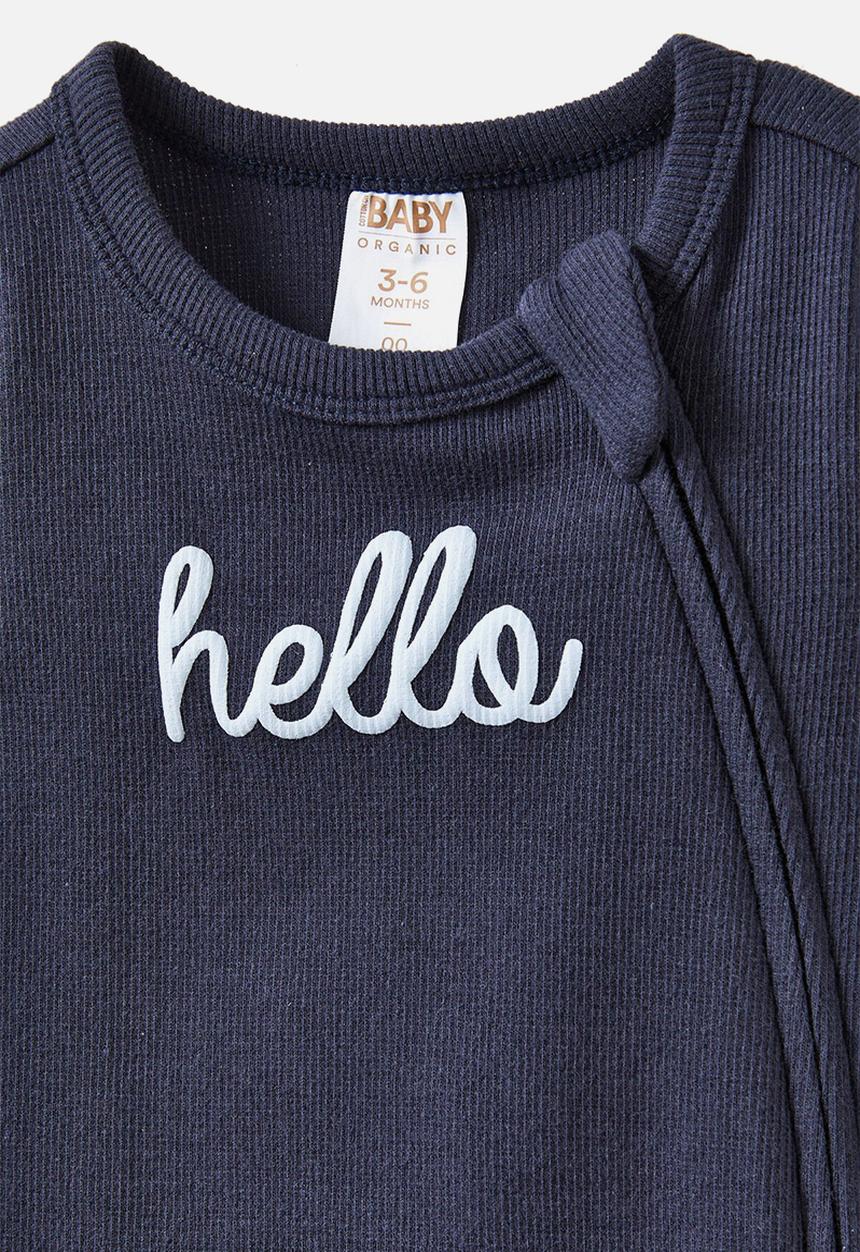 Cotton On - The short sleeve zip romper - navy ink/hello script