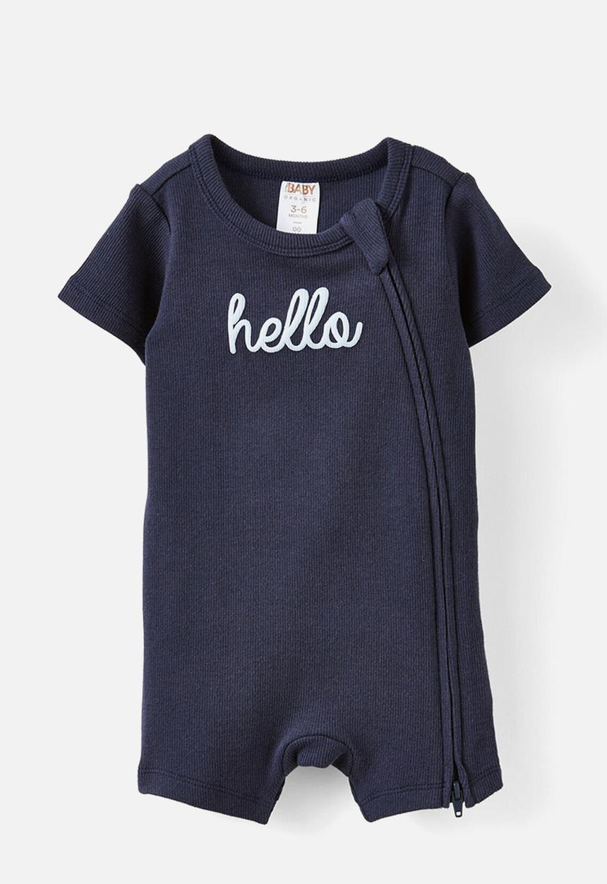 Cotton On - The short sleeve zip romper - navy ink/hello script
