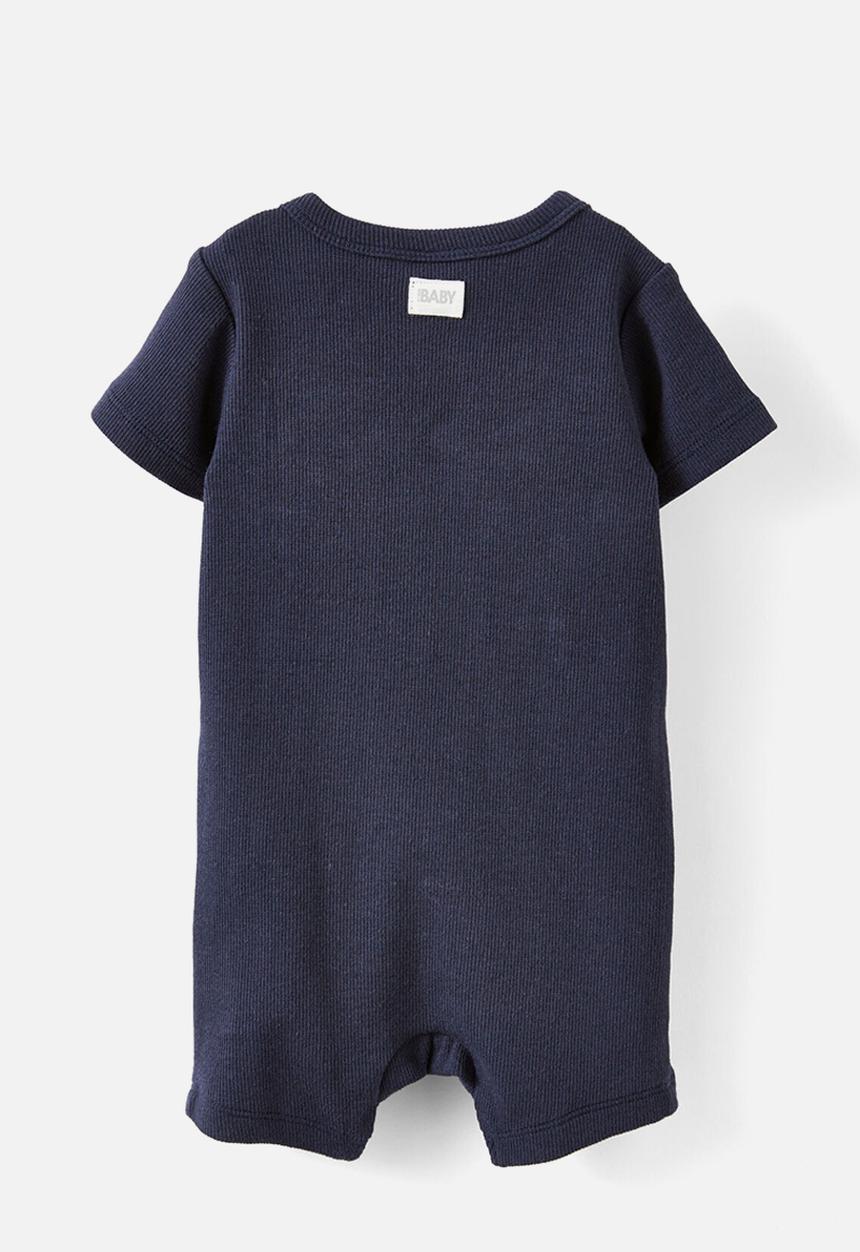Cotton On - The short sleeve zip romper - navy ink/hello script
