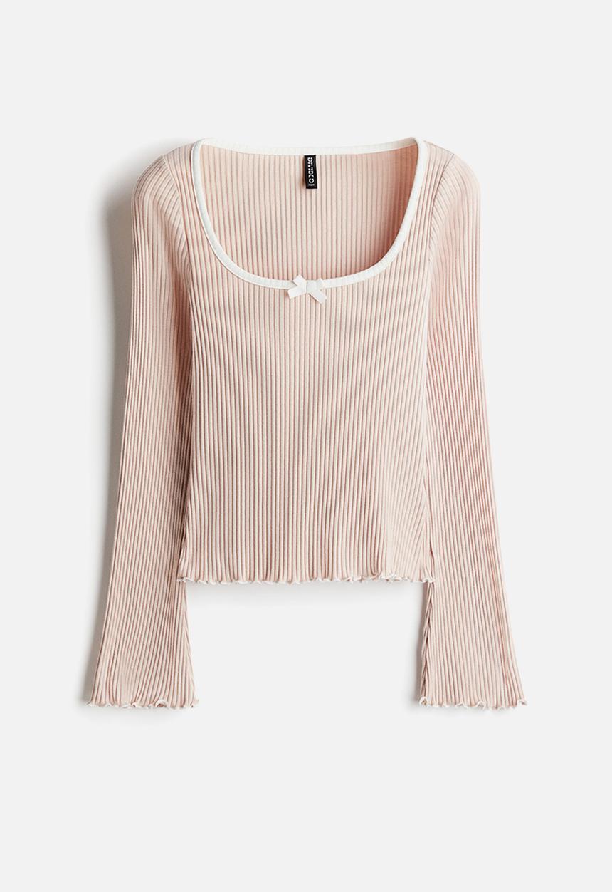 H&M - Overlock-detail ribbed top - light dusty pink