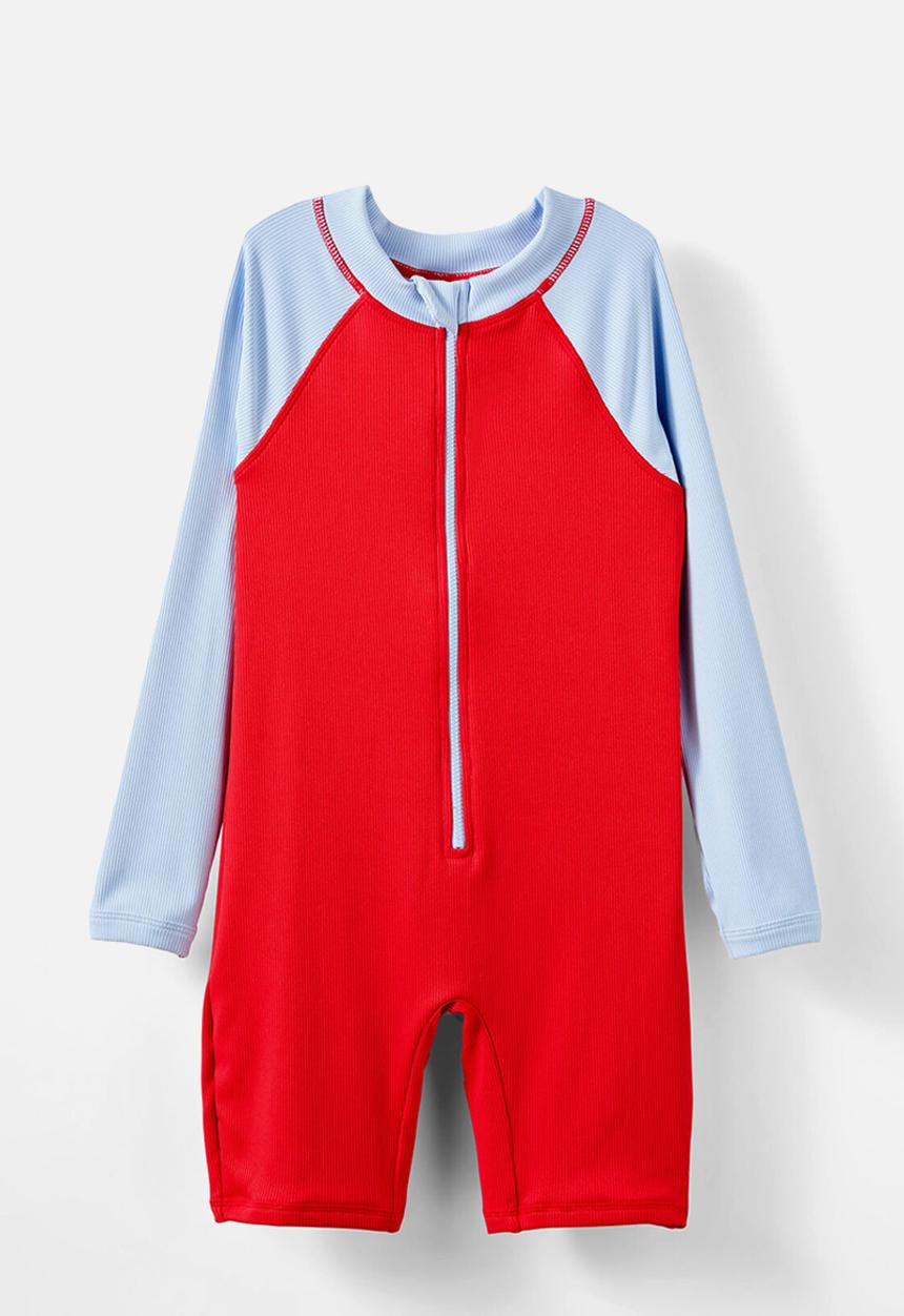 Cotton On - Felix Long Sleeve All In One - Varsity Red/Dawn Blue Splice