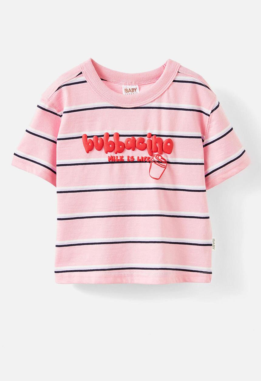Cotton On - Bobbi short sleeve graphic tee - blush pink stripe/bubbacino
