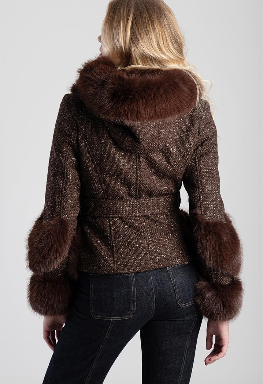 Belted Jacket With Faux Fur Details - brown