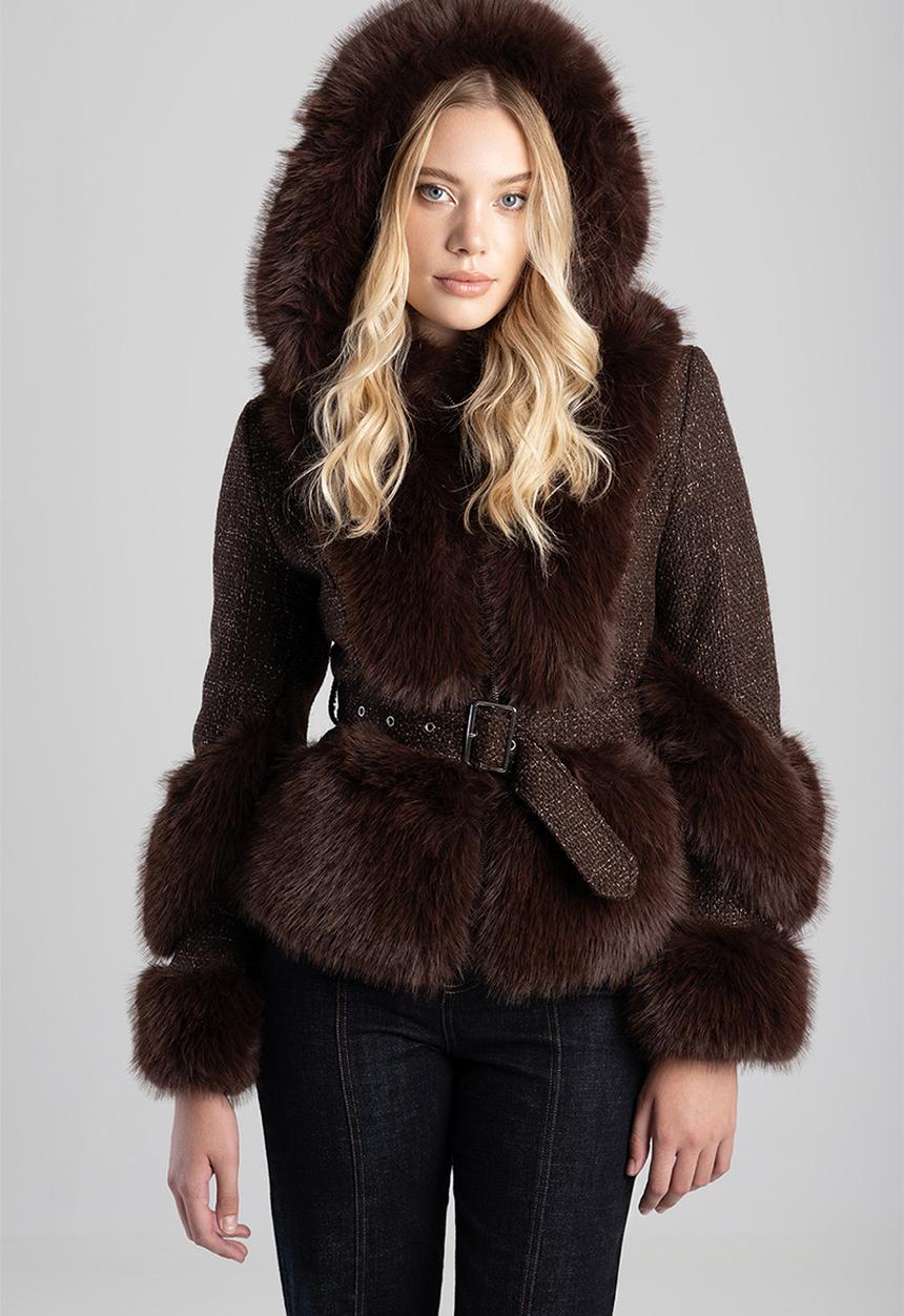 SISSY BOY - Belted Jacket With Faux Fur Details - brown