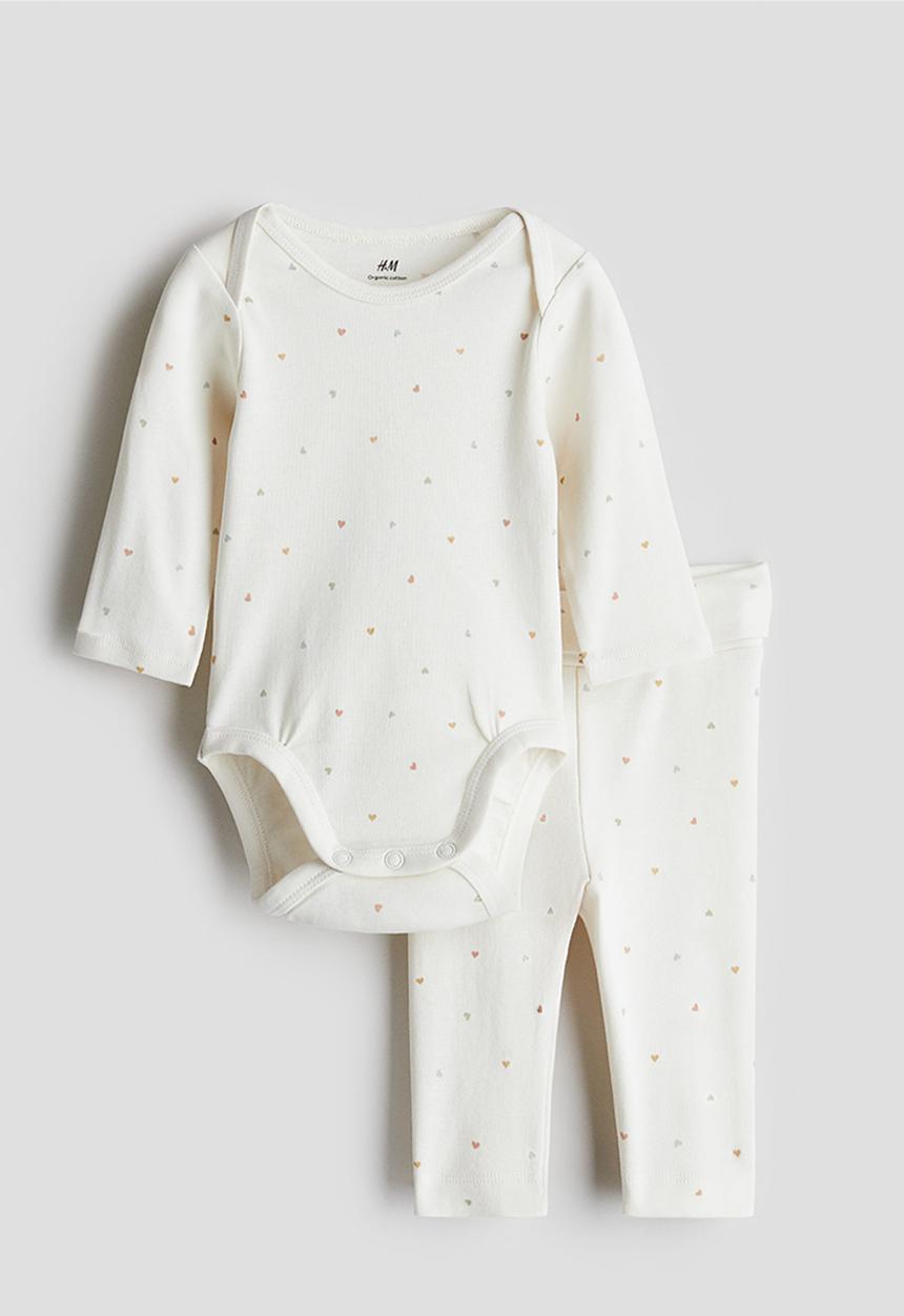 H&M - 2-Piece cotton jersey set - white hearts