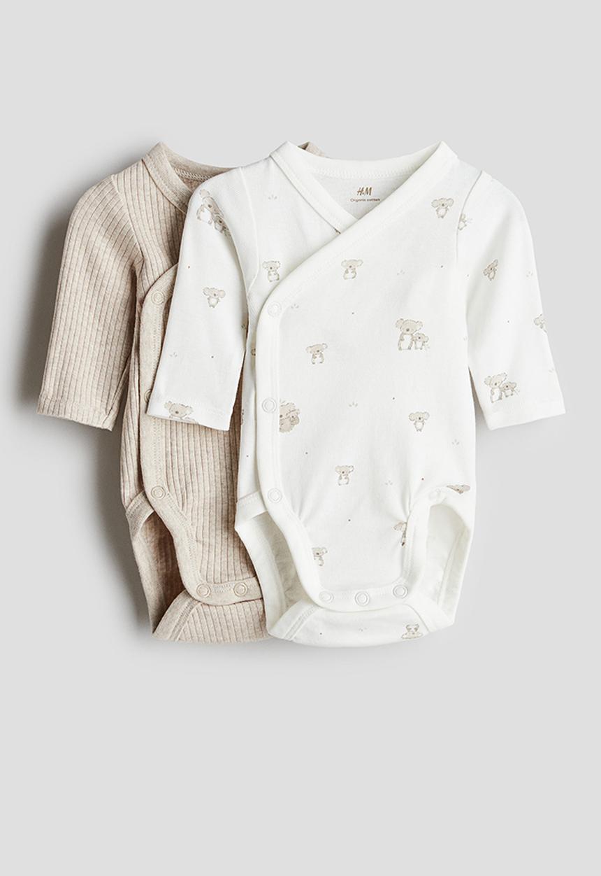 H&M - 2-pack cotton wrapover bodysuits -  beige/koalas