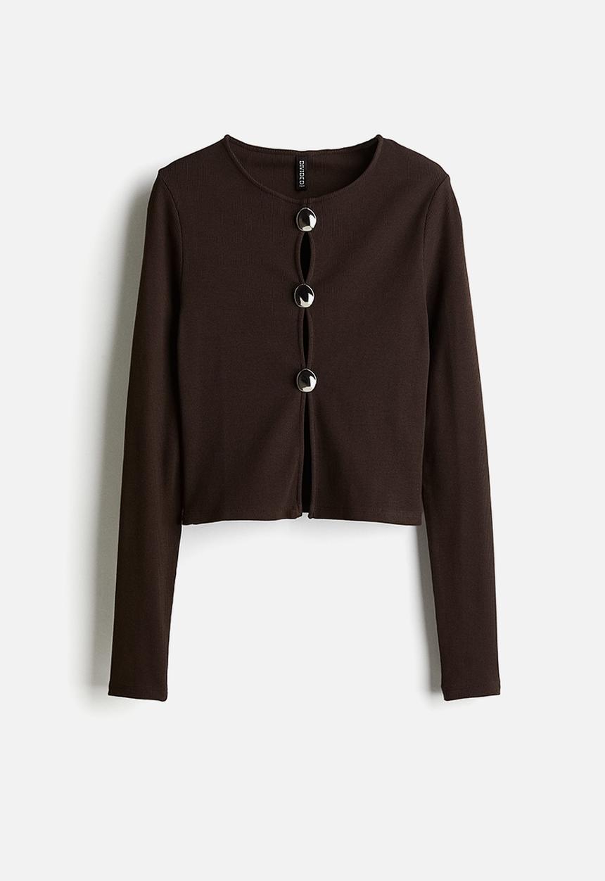 H&M - Button-detail ribbed top - dark brown 