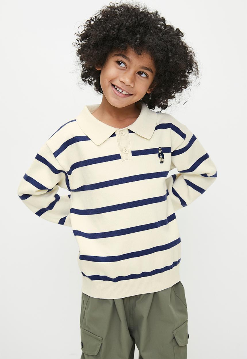 Pop Candy - Striped collared jersey - ecru & blue
