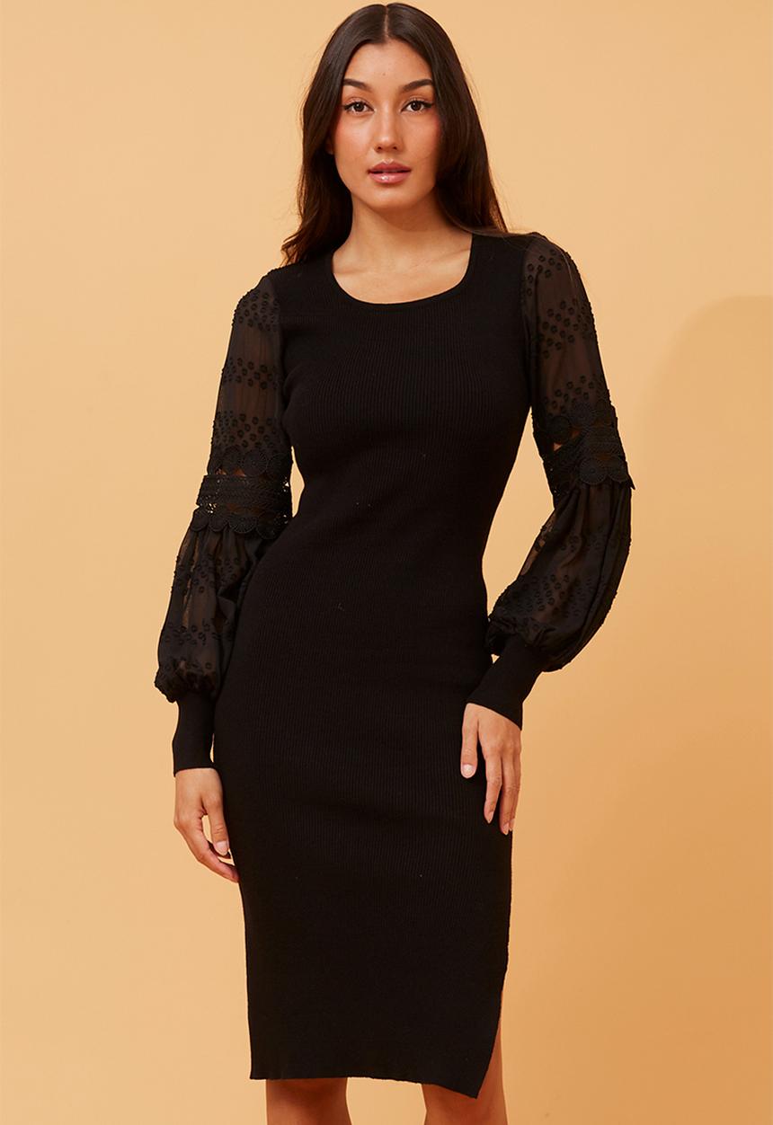 Stella Morgan - Crochet Chiffon bubble sleeve knitted Dress - Black