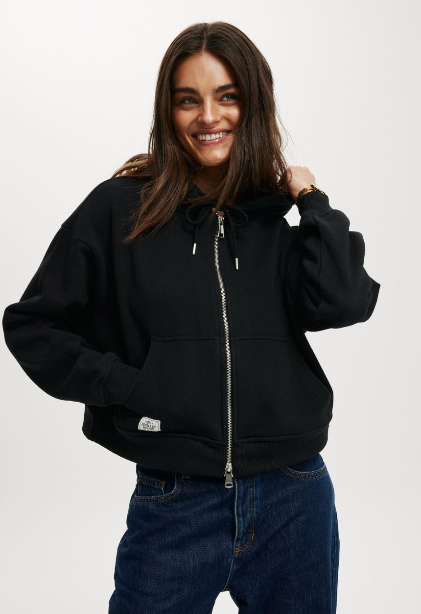 Cotton On - Classic fleece oversized zip through hoodie-black