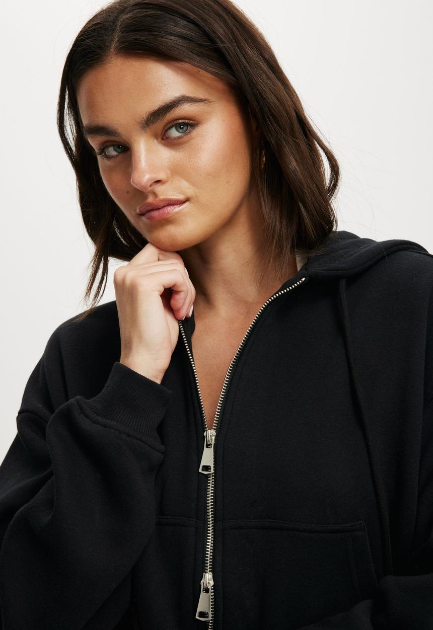 Cotton On - Classic fleece oversized zip through hoodie-black