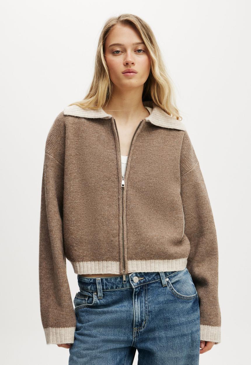 Cotton On - Luxe zip collar knit bomber-mushroom brown