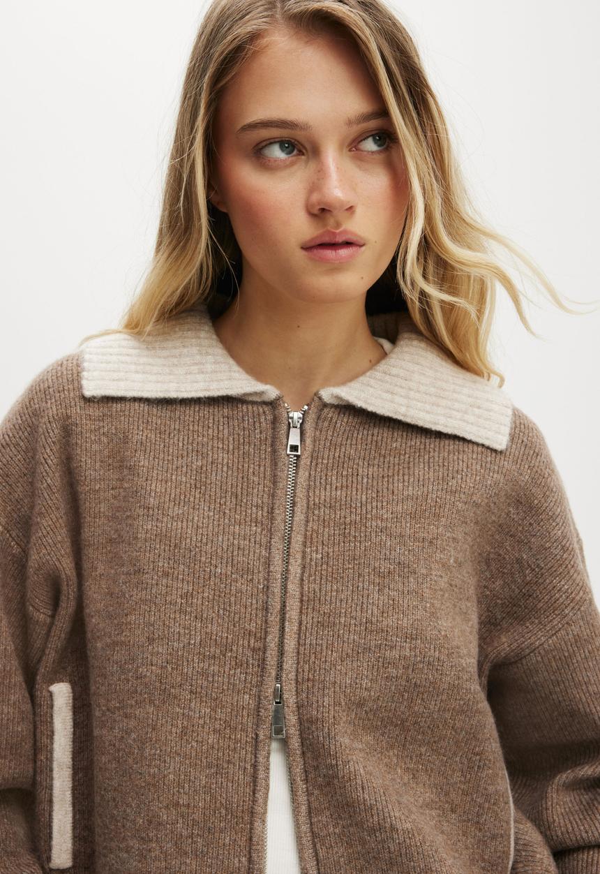 Cotton On - Luxe zip collar knit bomber-mushroom brown
