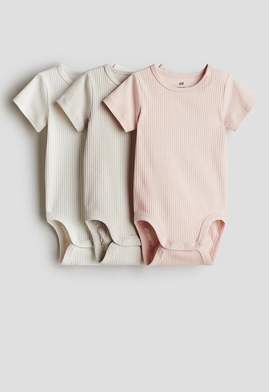 H&M - 3-Pack ribbed cotton bodysuits - light pink light beige
