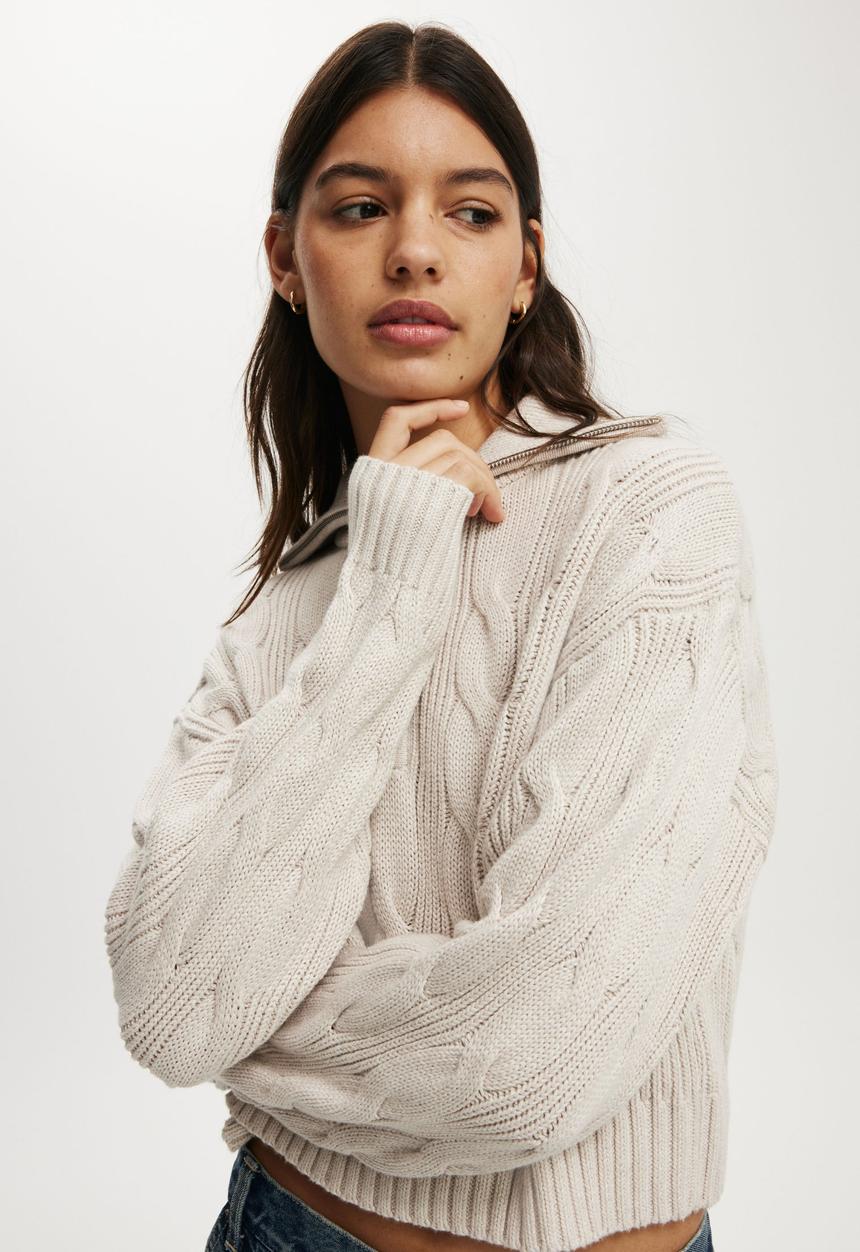 Cotton On - Cotton cable half zip pullover - oatmeal cable