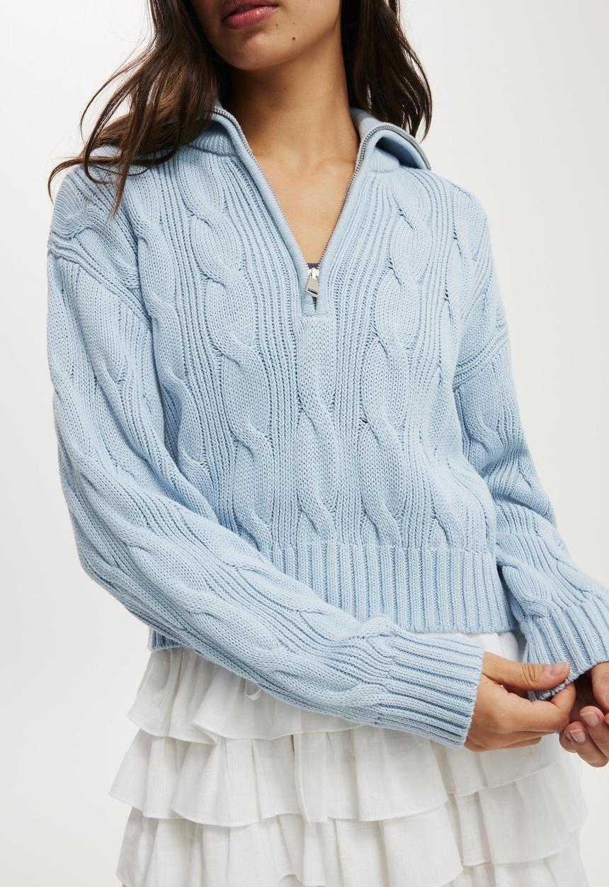 Cotton On - Cotton cable half zip pullover - serene blue