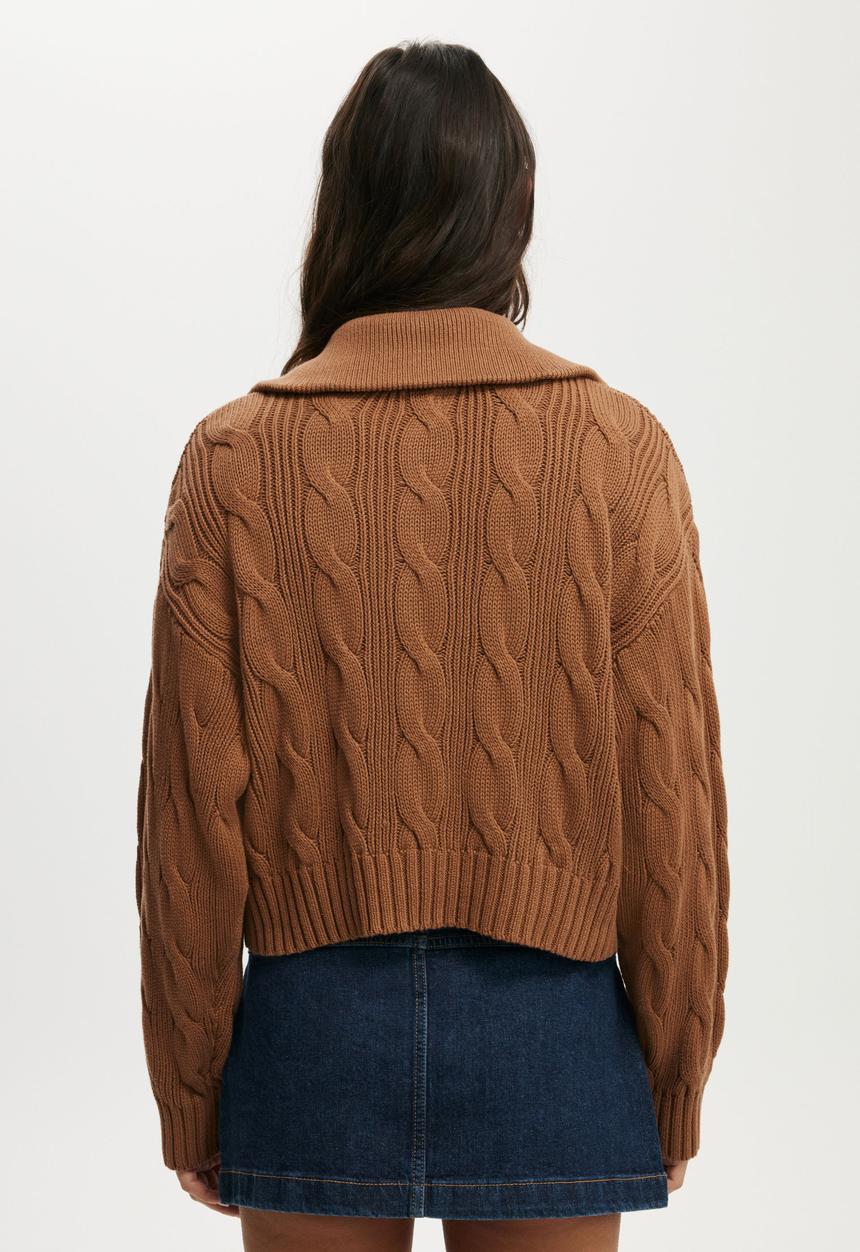 Cotton On - Cotton cable half zip pullover - walnut
