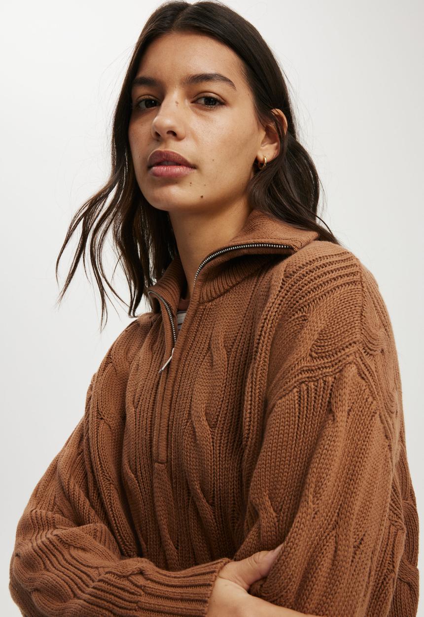 Cotton On - Cotton cable half zip pullover - walnut