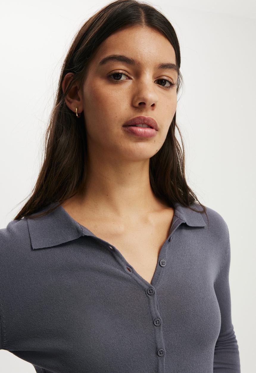 Cotton On - Fine knit polo long sleeve - slate grey
