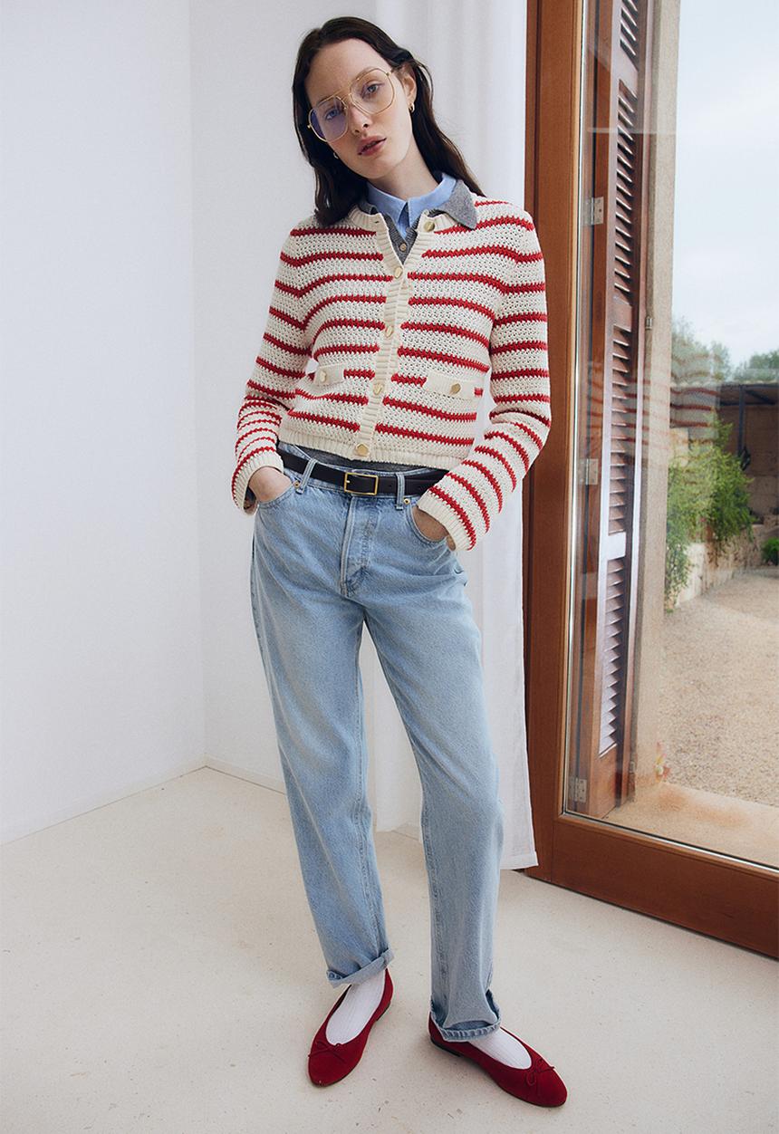 H&M - Textured-knit cardigan - white & red striped