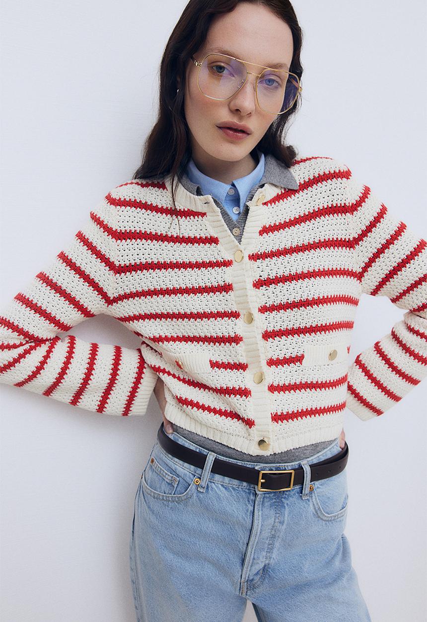 H&M - Textured-knit cardigan - white & red striped