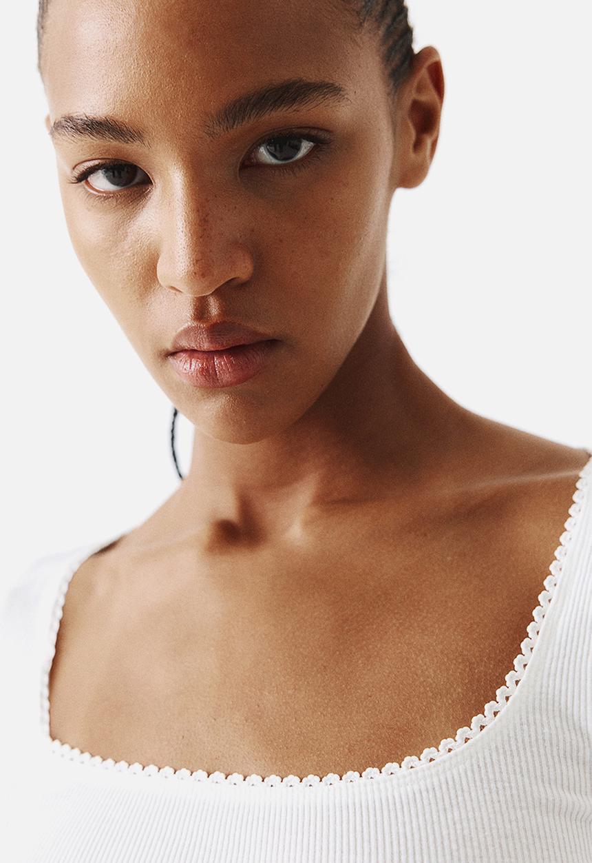 H&M - Picot-trimmed cotton top - cream