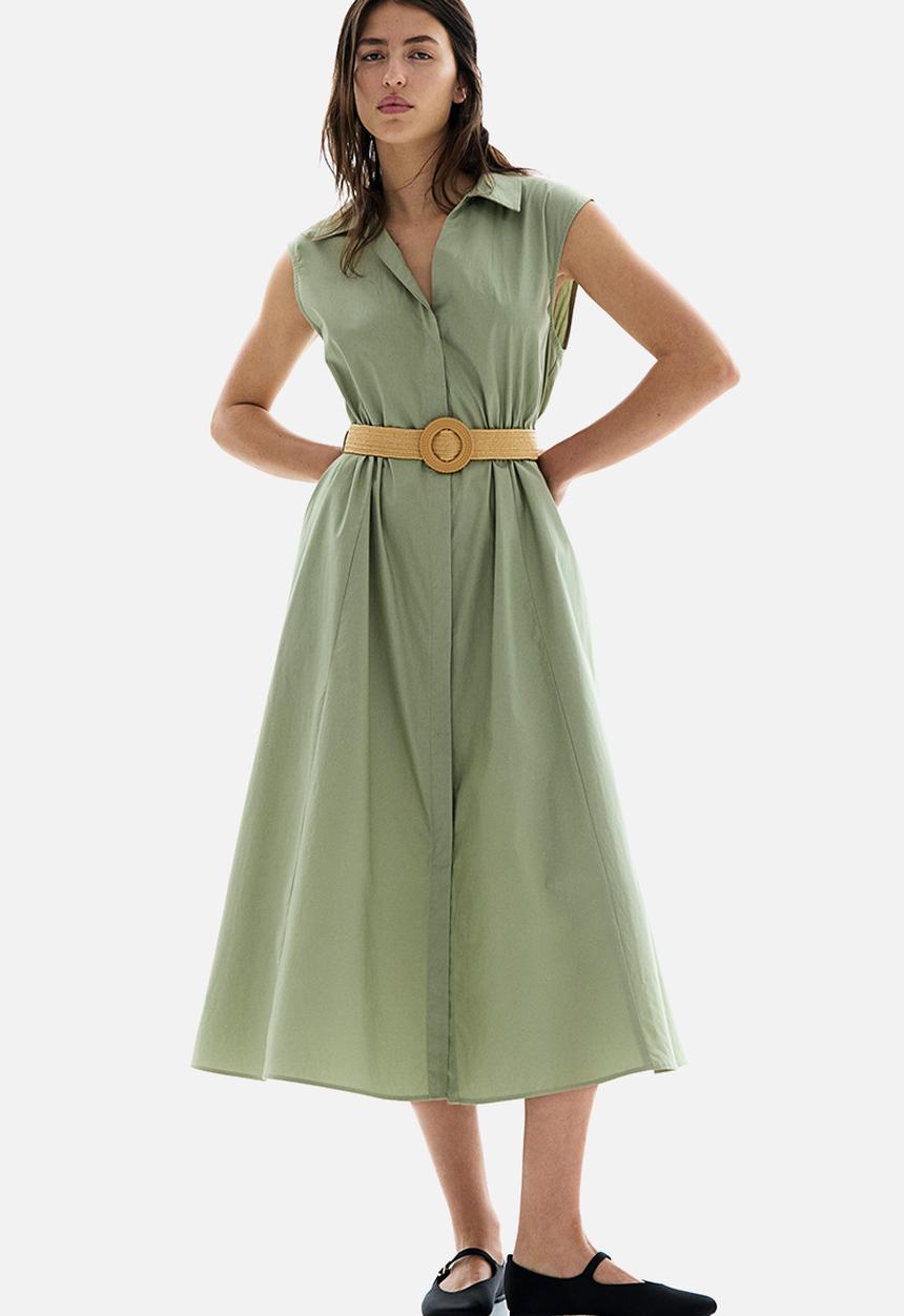 H&M - Belted cotton shirt dress - light khaki green