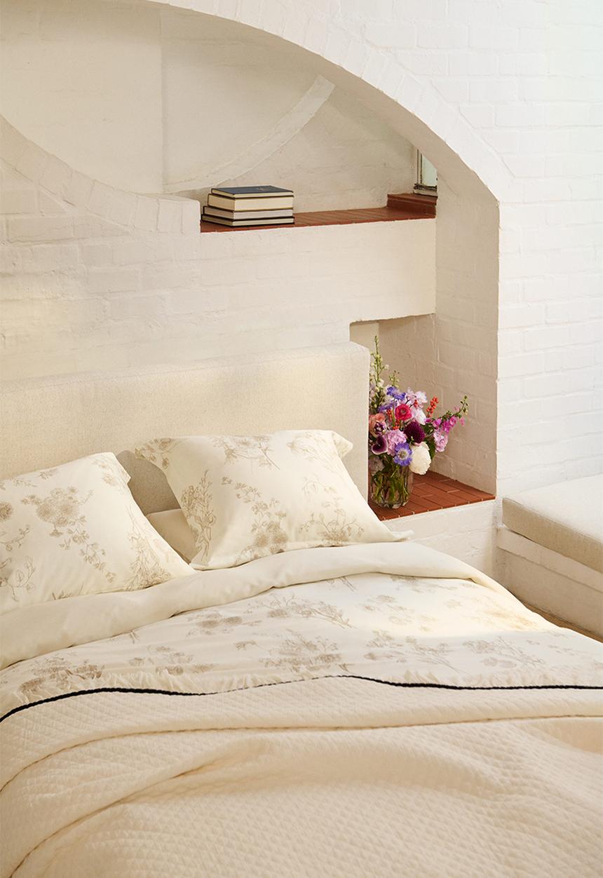 H&M - Cotton sateen double duvet cover set - light beige floral