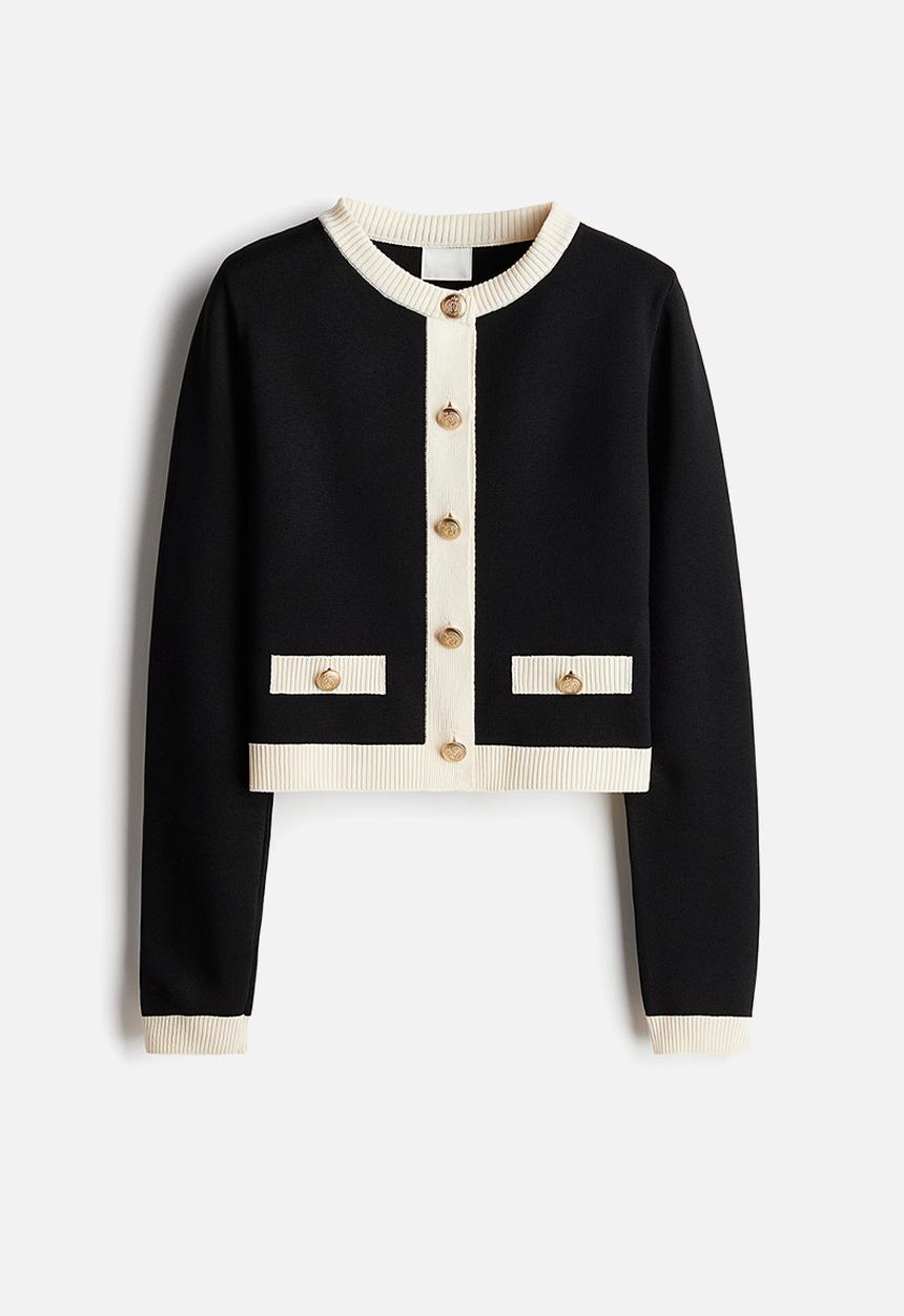 Fine-knit cardigan - black/cream - 1263494005