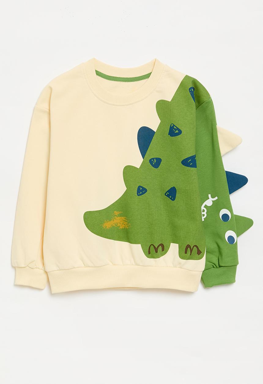 Pop Candy - Dino applique sweat top-ecru & green