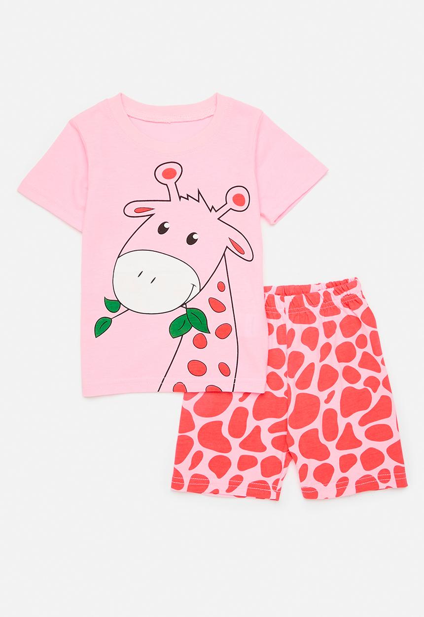 Pop Candy - Placement print pj top with shorts - pink/giraffe/giraffe spots