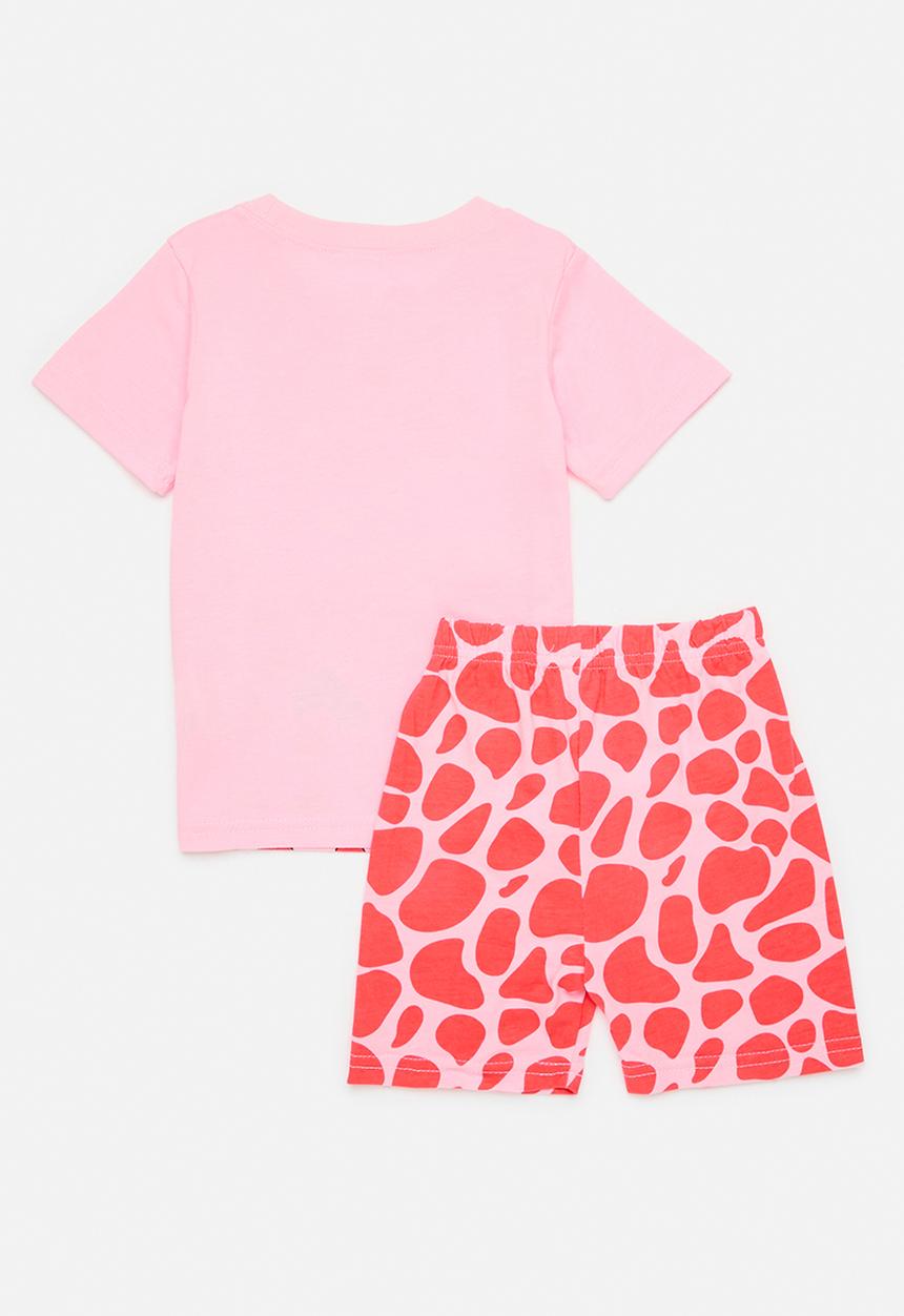 Pop Candy - Placement print pj top with shorts - pink/giraffe/giraffe spots