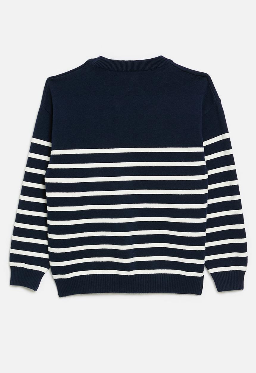 Pop Candy - Striped crew neck jersey-navy & white