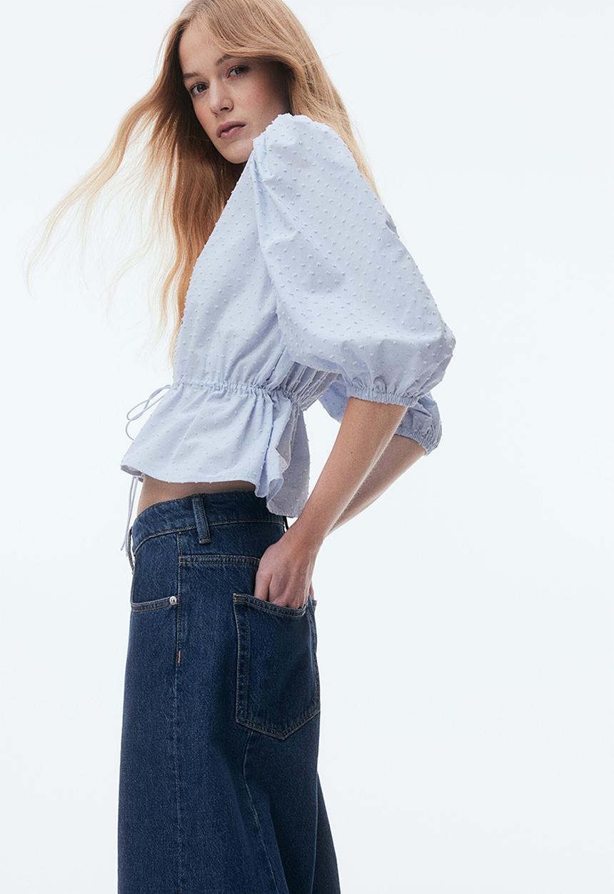 H&M - Puff-sleeved cotton blouse - light blue