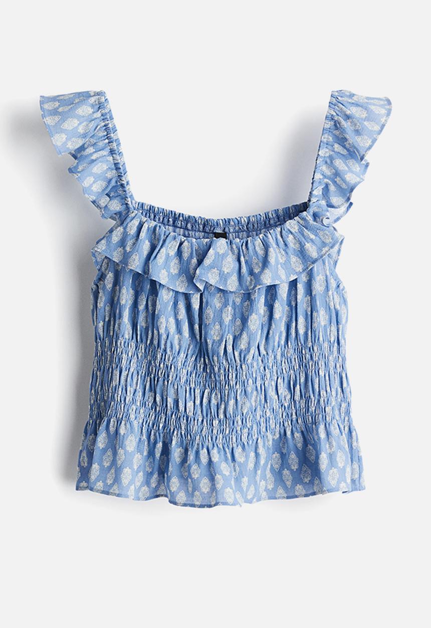 H&M - Frill-trimmed cotton top -  light blue/patterned 
